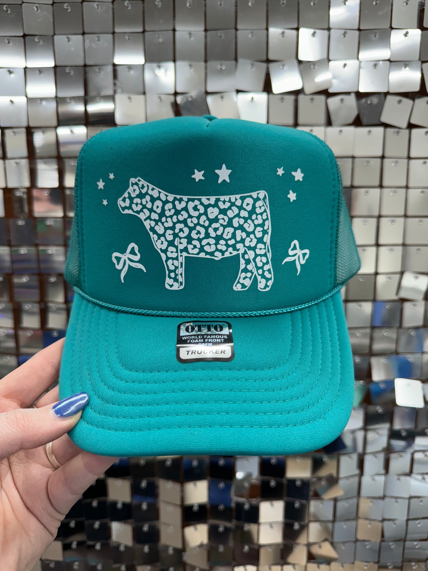 Bows & Stars Leopard Steer Trucker - Jade