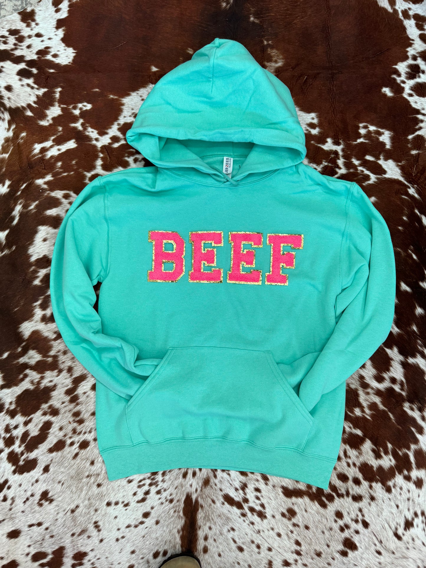 Hot Pink BEEF Chenille Letter Hoodie - Cool Mint