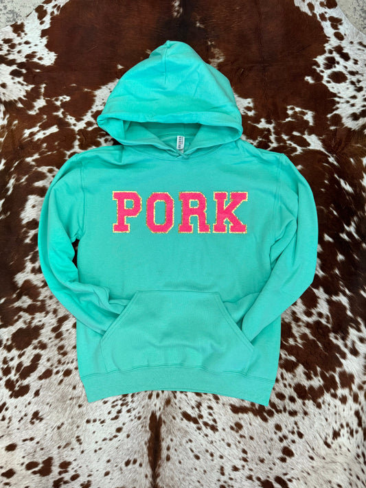 Hot Pink PORK Chenille Letter Hoodie - Cool Mint *LIMITED AVAILABILITY*