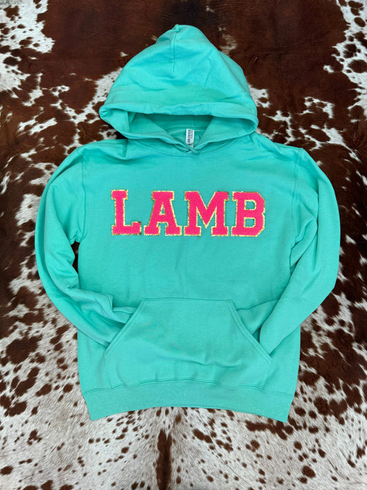 Hot Pink LAMB Chenille Letter Hoodie - Cool Mint *LIMITED AVAILABILITY*