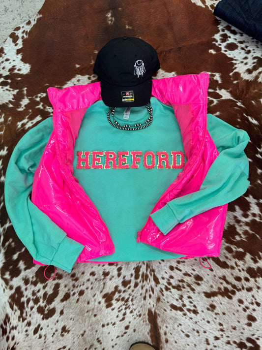 Hot Pink Chenille Letter Breed Crewneck - Cool Mint