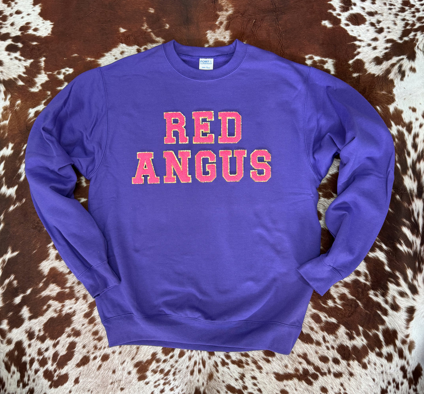 Chenille Letter RED ANGUS Crewneck - Purple
