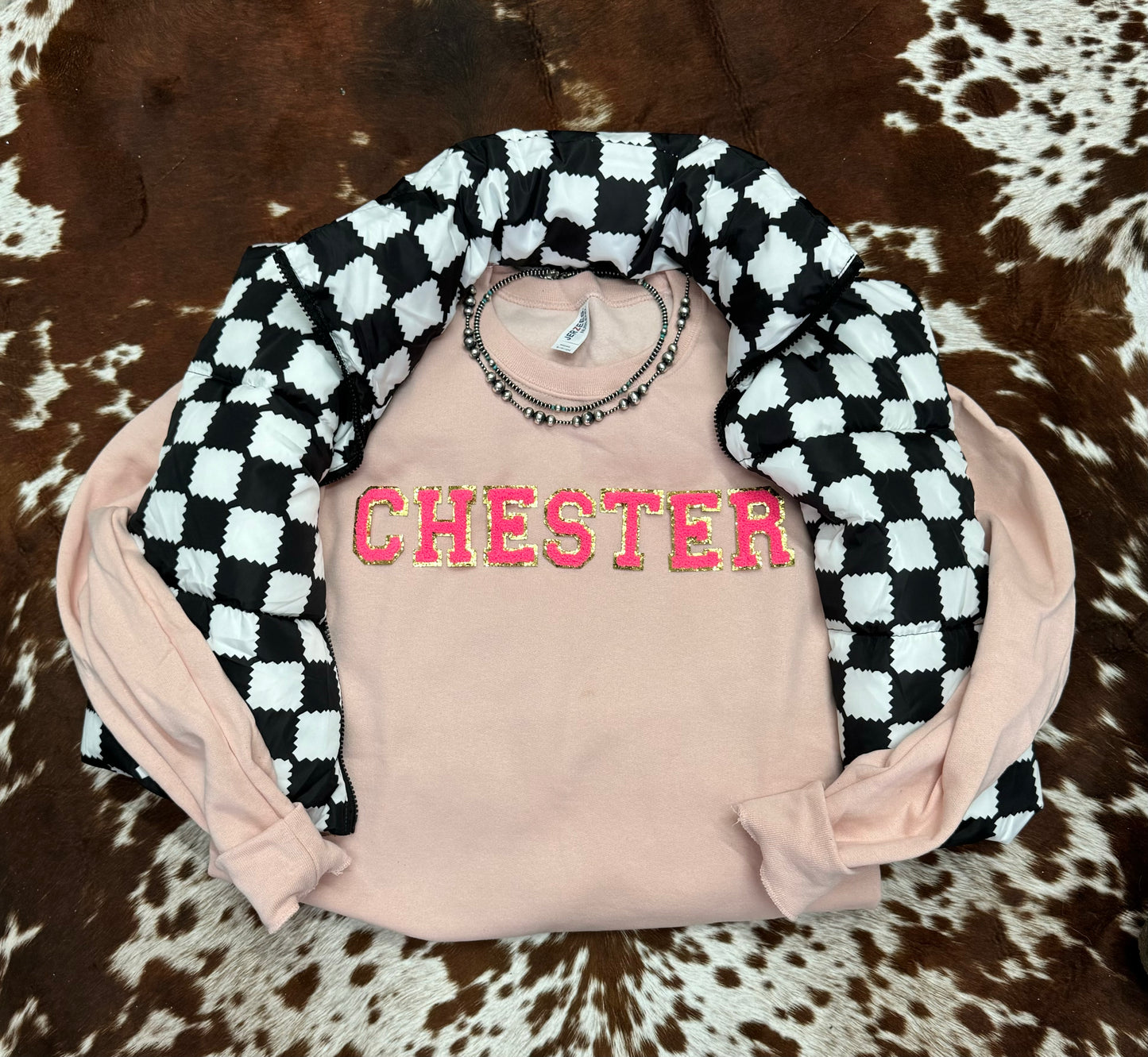 Hot Pink Chenille Letter CHESTER + BERKSHIRE + HAMPSHIRE Crewneck - Blush Pink