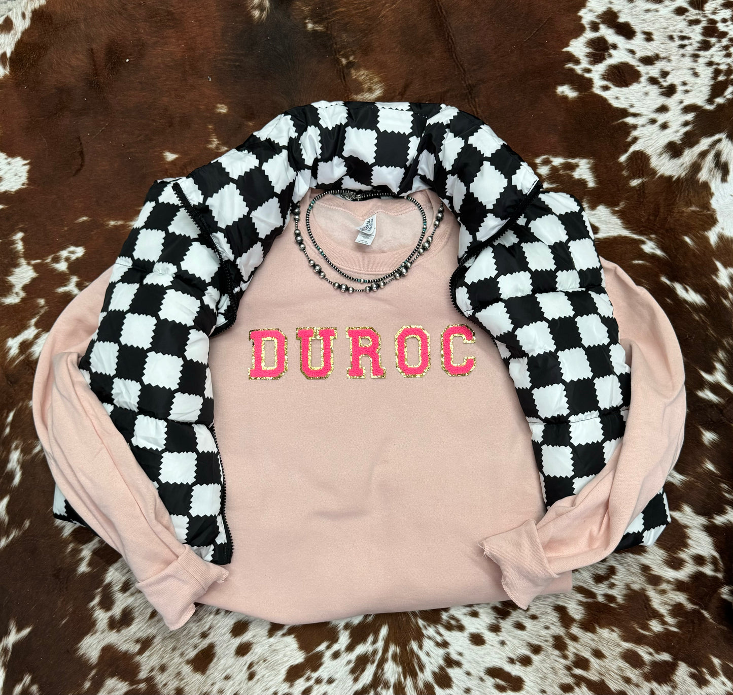Hot Pink Chenille Letter DUROC + HAMPSHIRE Crewneck - Blush Pink