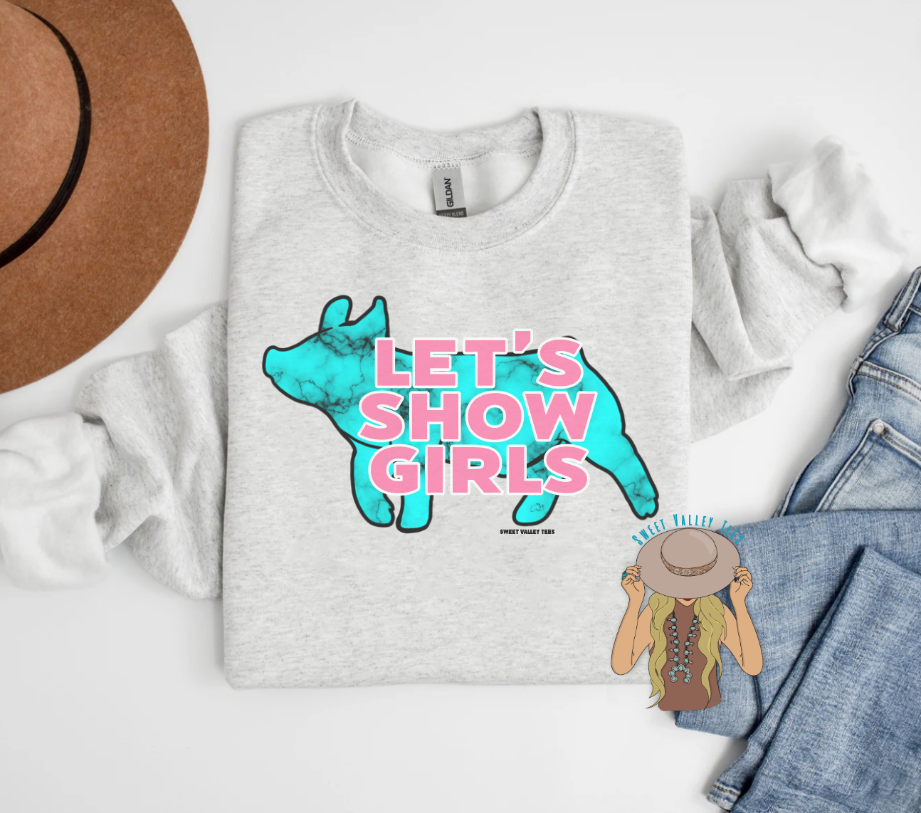 Let's Show Girls Crewneck - Show Pig - Heather Ash