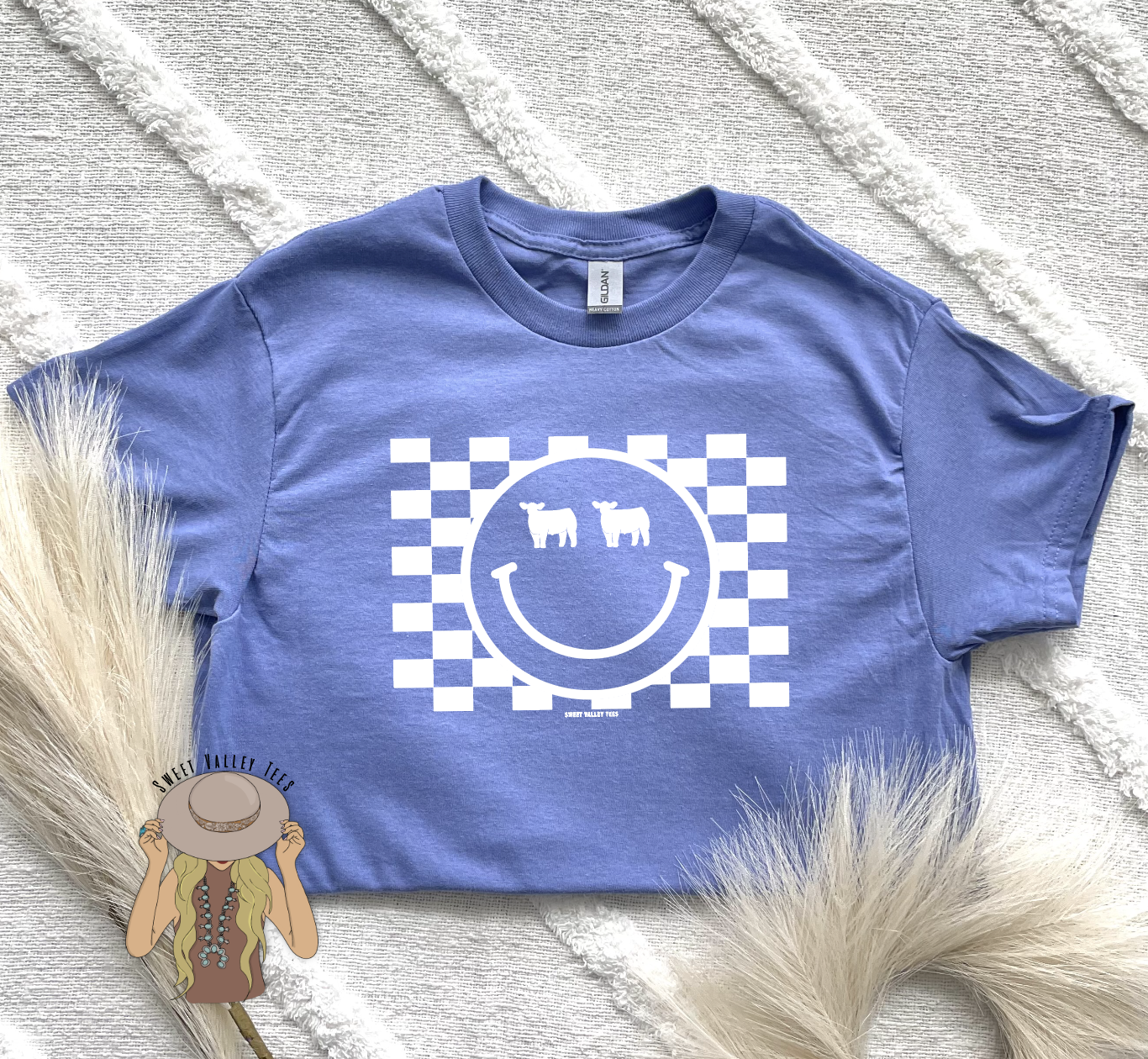 Checker Background Smiley Face Steer Tee - Violet