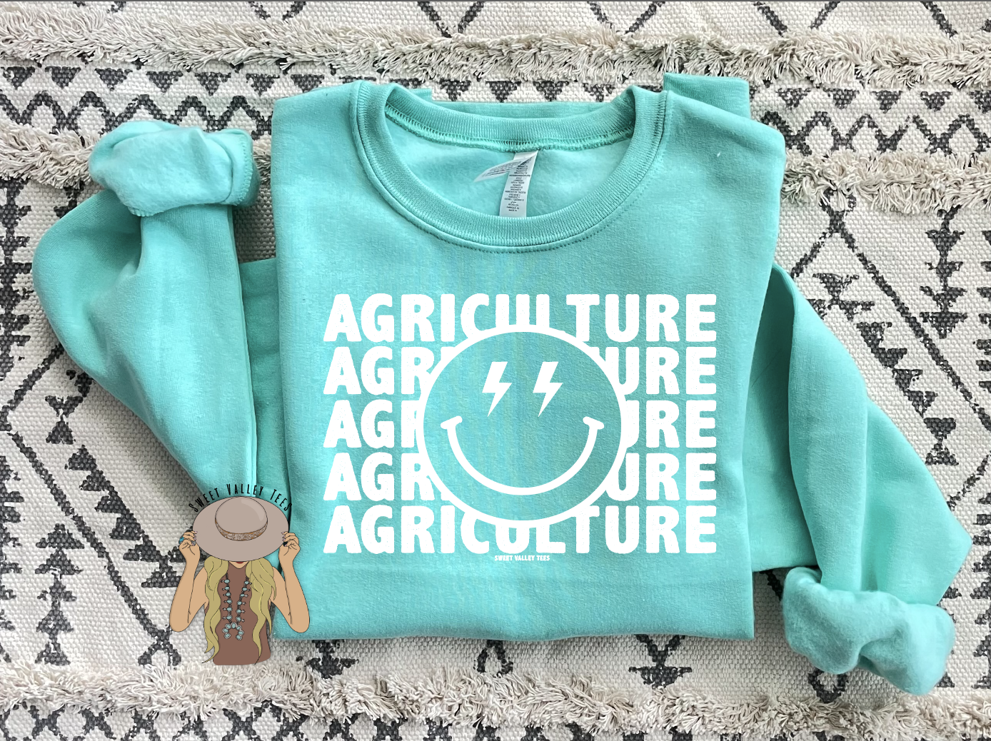 Smiley Face Agriculture Crewneck - Cool Mint