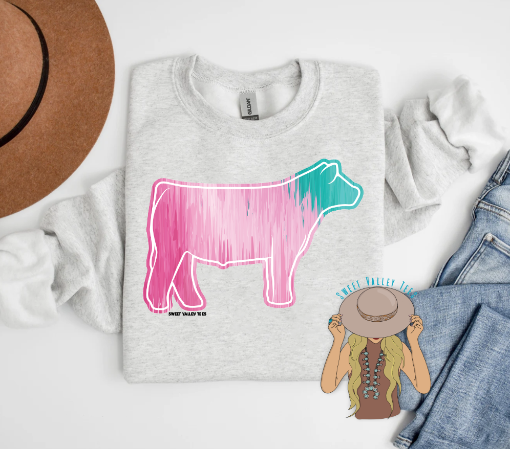 Teal + Pink Gradient Show Steer Crewneck - Heather Ash