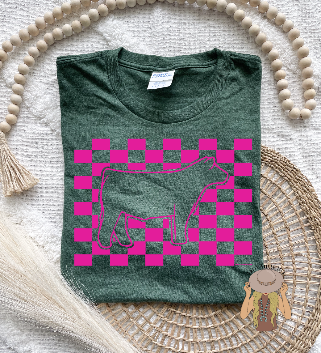 Pink Checker Steer Tee - Heather Forest