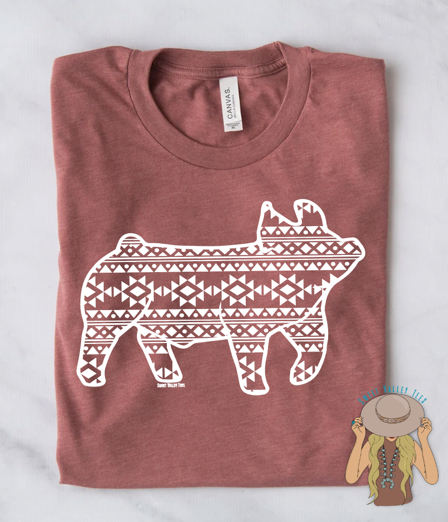 White Aztec Show Pig Tee - Mauve