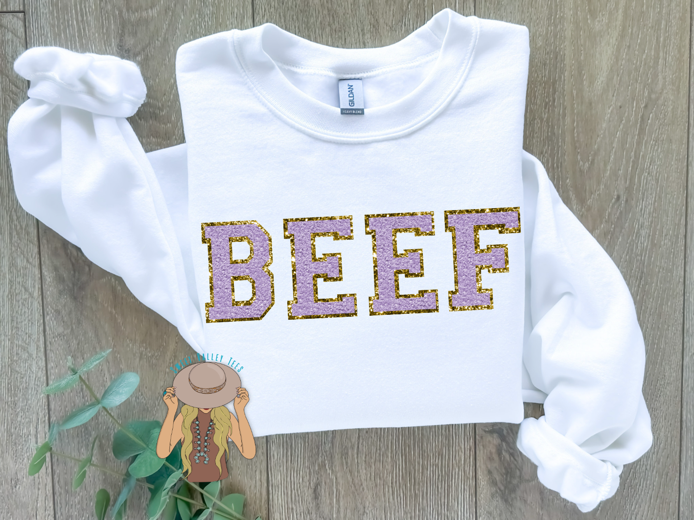 Purple Chenille Letter BEEF Crewneck - White