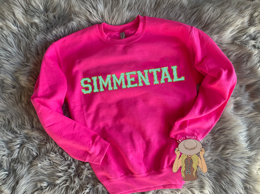 Mint Chenille Letter SIMMENTAL Crewneck - Hot Pink