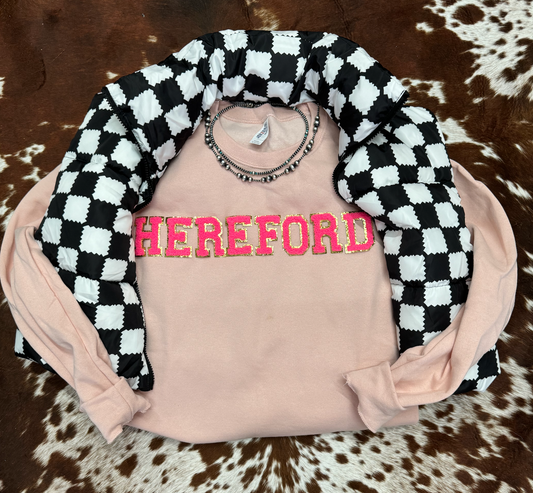 Hot Pink Chenille Letter HEREFORD Crewneck - Blush Pink
