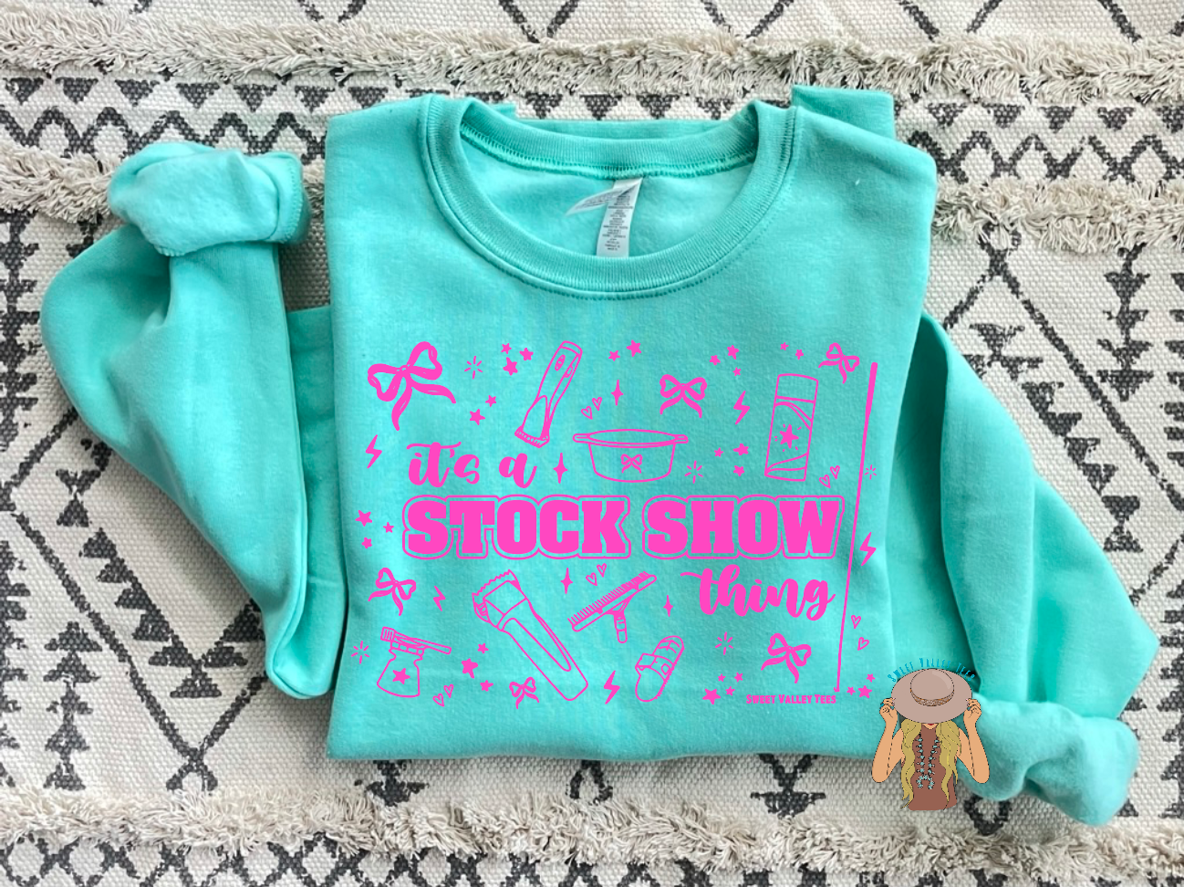 Pink It's a Stock Show Thing Crewneck - Cool Mint