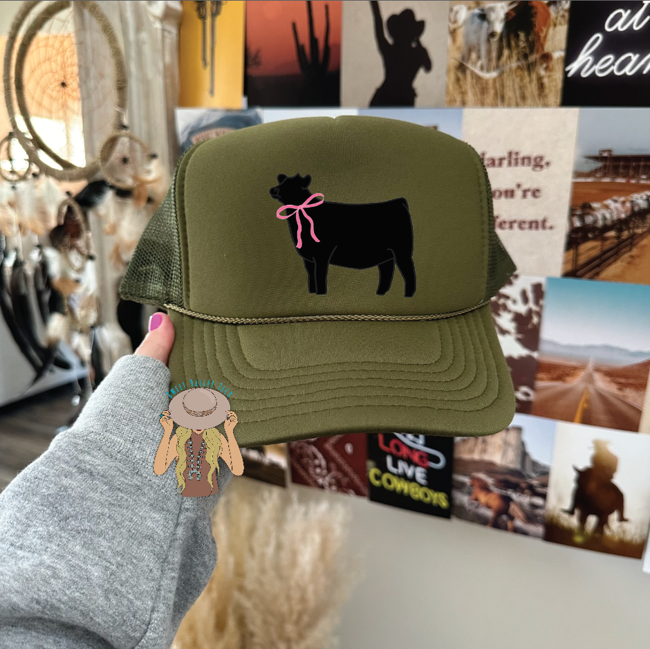 Pink Bow Black Steer Trucker - Olive