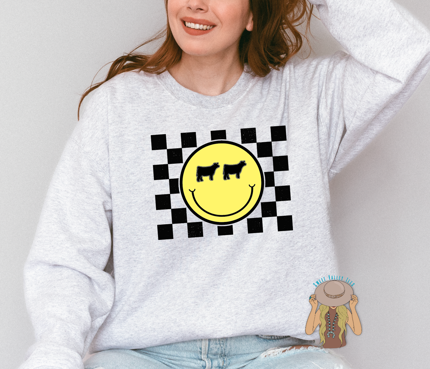 Show Steer Checker Print Yellow Smiley Face Crewneck - Ash Gray