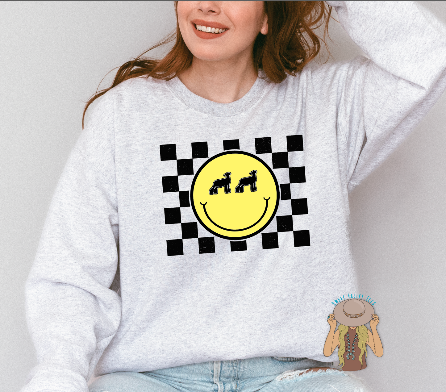 Show Lamb Checker Print Yellow Smiley Face Crewneck - Ash Gray