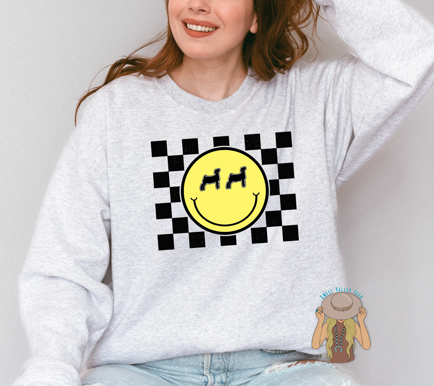 Show Goat Checker Print Yellow Smiley Face Crewneck - Ash Gray