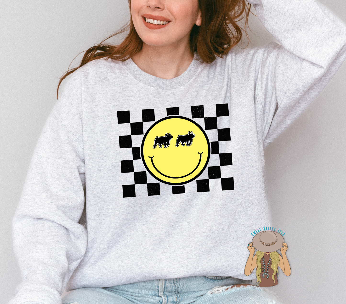 Show Pig Checker Print Yellow Smiley Face Crewneck - Ash Gray