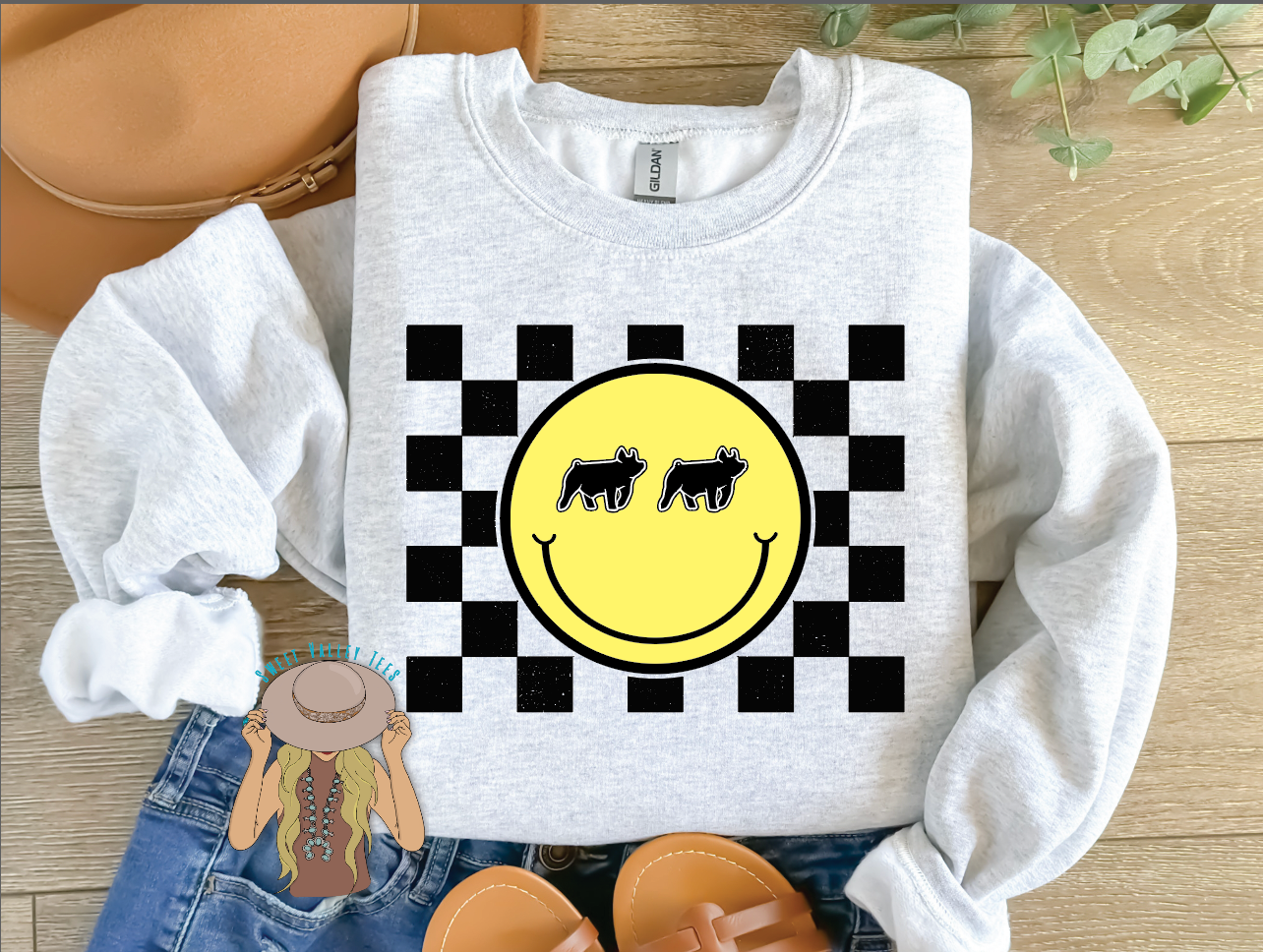 Show Pig Checker Print Yellow Smiley Face Crewneck - Ash Gray