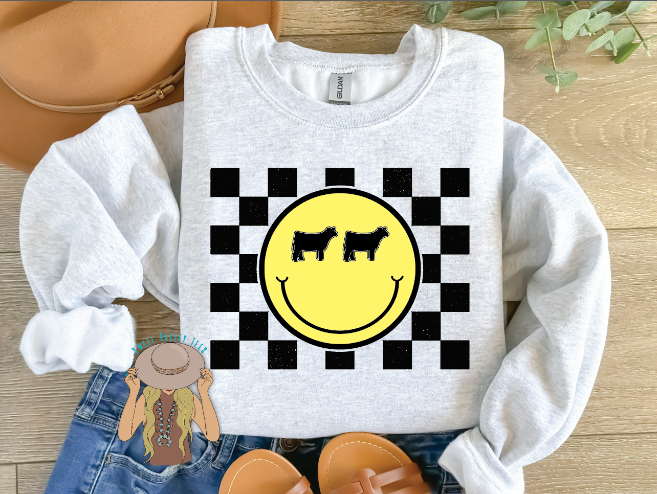 Show Steer Checker Print Yellow Smiley Face Crewneck - Ash Gray