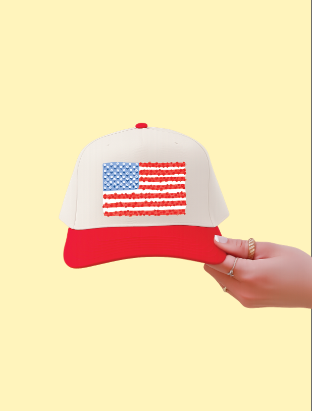 Flower American Flag Trucker Hat - Red/Tan