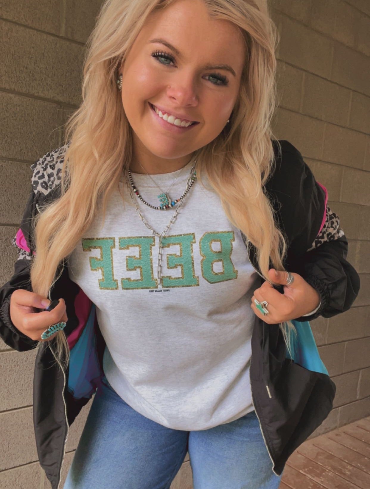 Teal + Glitter Chenille Sublimation Print Crewneck - Heather Ash