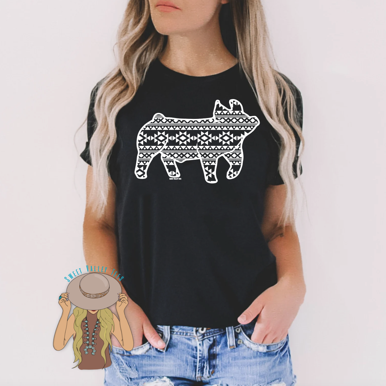 Aztec Print Show Pig Tee - Black