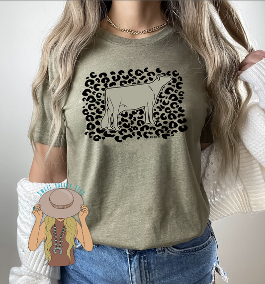 Leopard Background Dairy Cow Tee - Heather Olive