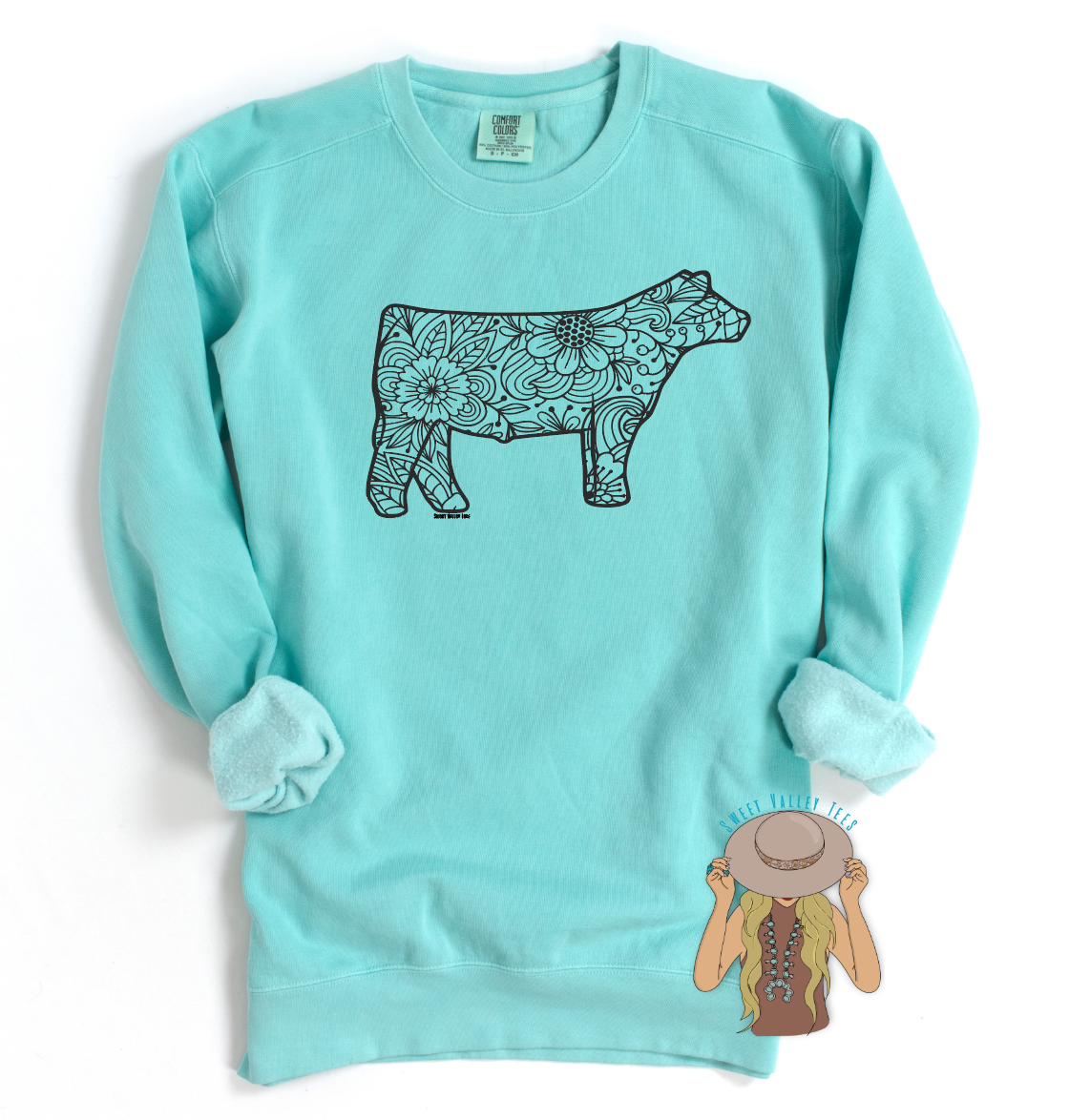 Floral Steer Crewneck - Cool Mint