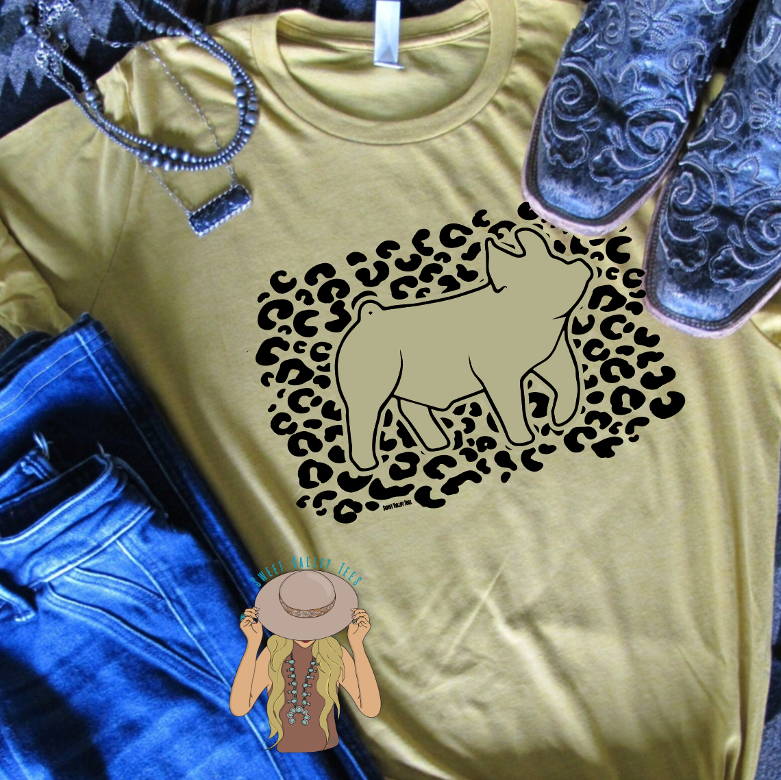 Leopard Background Show Pig Tee - Mustard