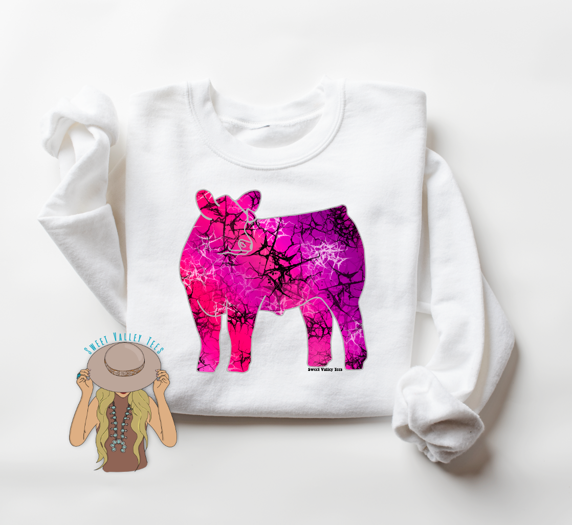 Pink Turquoise Steer Crewneck - White