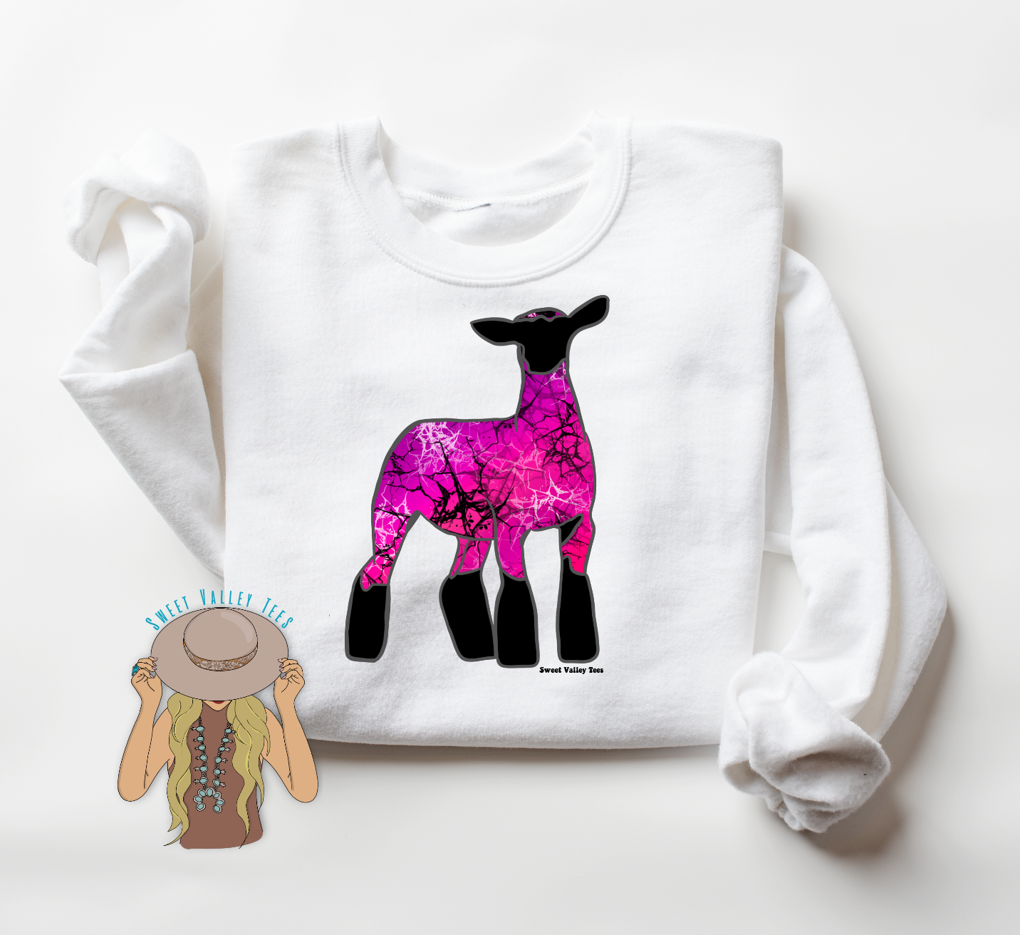 Pink Turquoise Lamb Crewneck - White