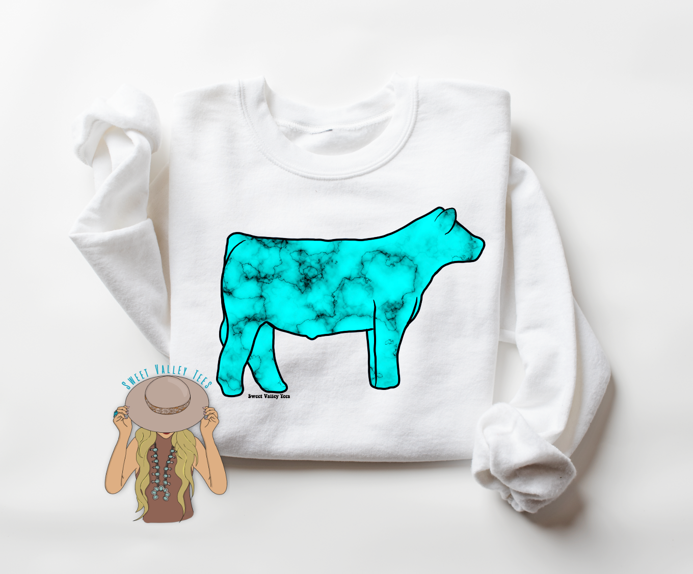Turquoise Steer Crewneck - White