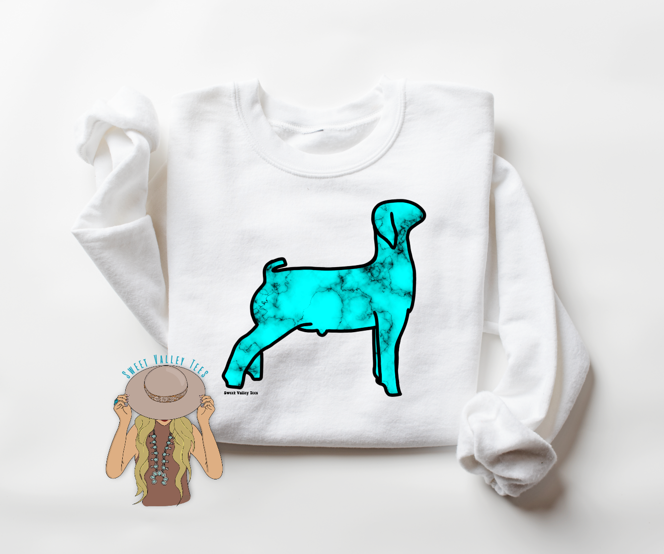 Turquoise Goat Crewneck - White