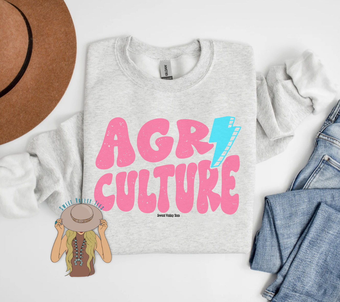 Teal + Pink Lightning Agriculture Crewneck - Ash