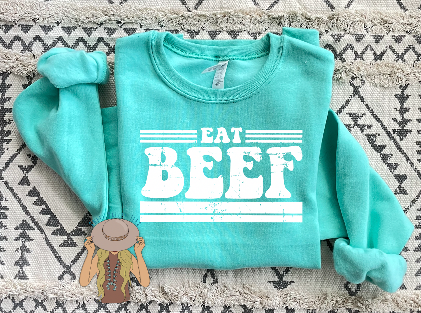 Retro Eat Beef Crewneck - Cool Mint
