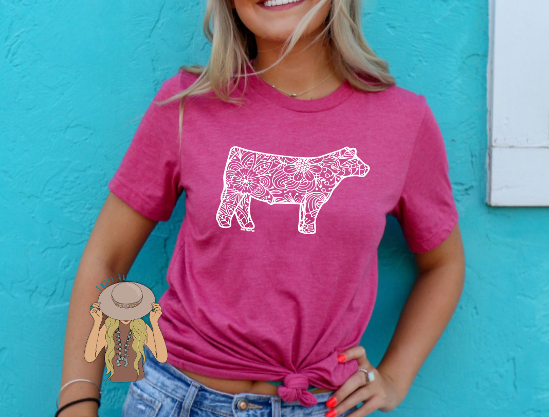 Floral Show Steer Tee - Heather Raspberry