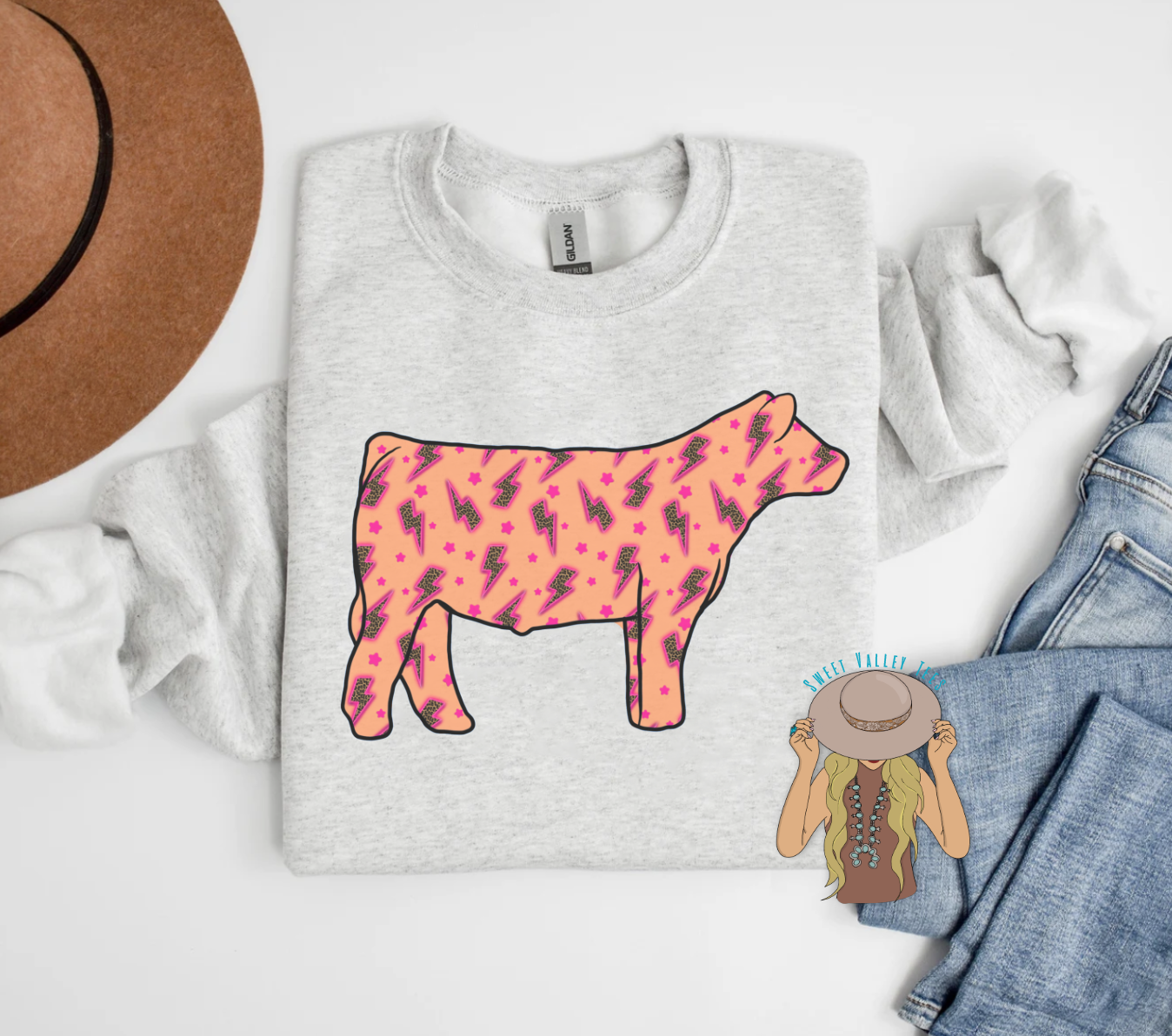 Pink + Orange Leopard Lightning Print Crewneck - Heather Ash
