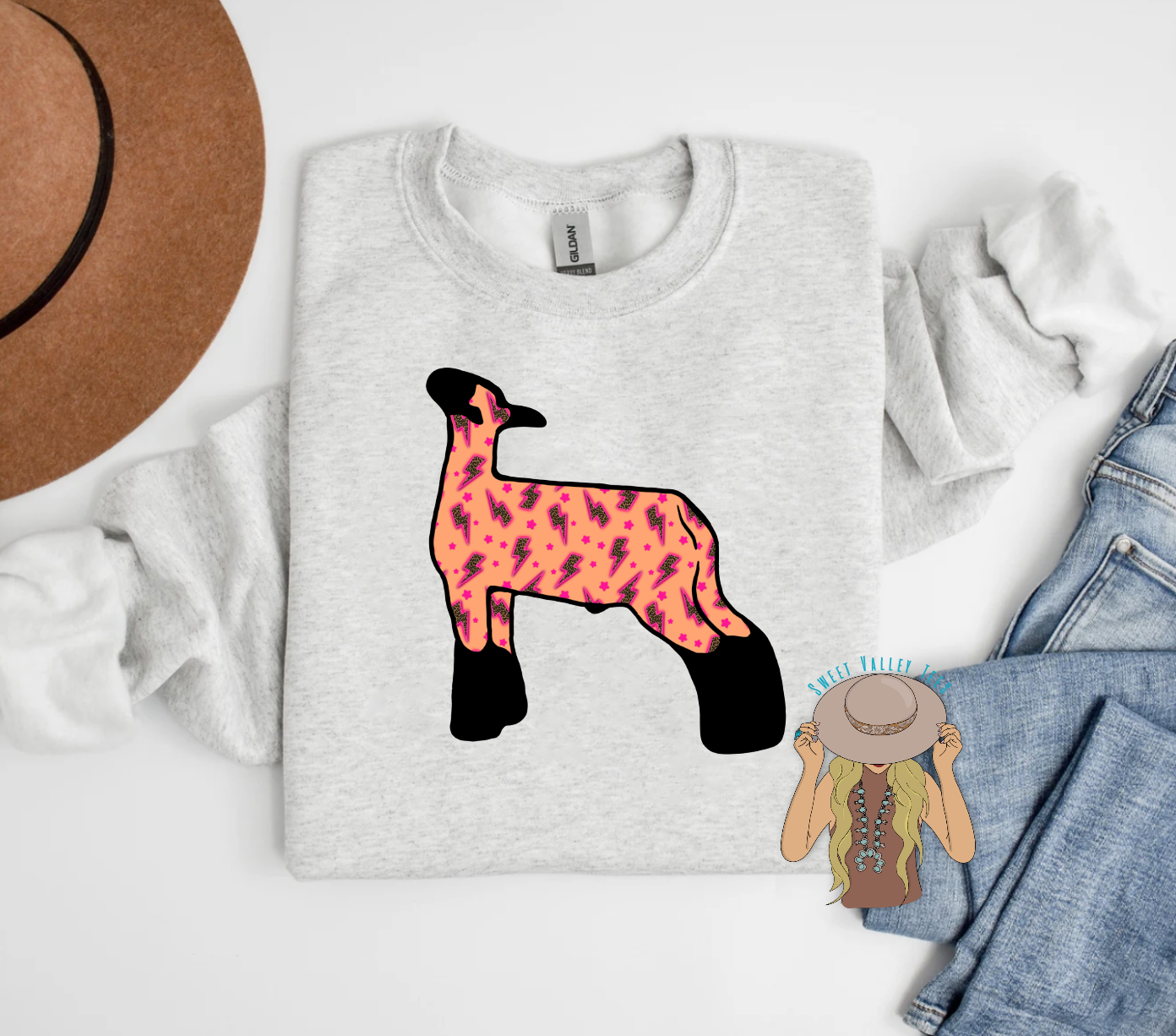 Pink + Orange Leopard Lightning Print Show Lamb Crewneck - Heather Ash