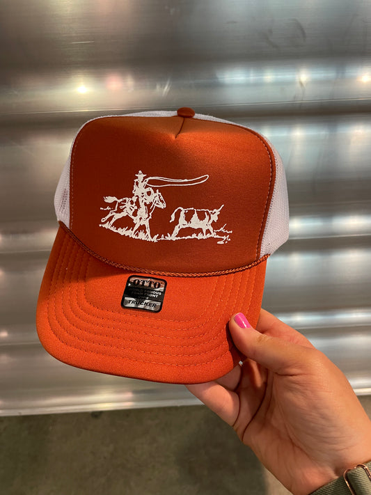 Calf Roper Sketch - Texas Orange Trucker Hat