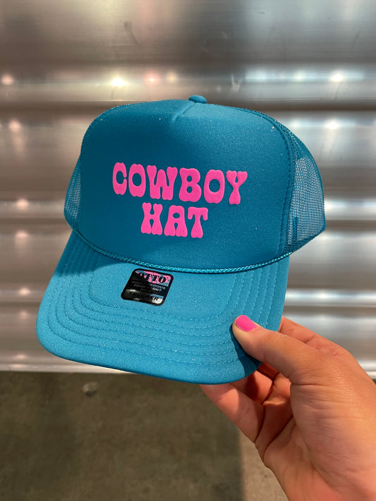 Pink Puff Cowboy Hat - Teal Trucker Hat