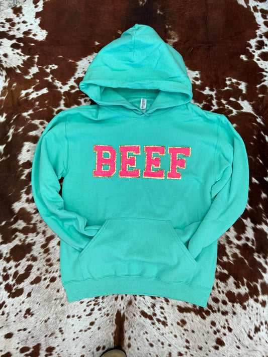 Hot Pink BEEF Chenille Letter Hoodie - Cool Mint *LIMITED AVAILABILITY*