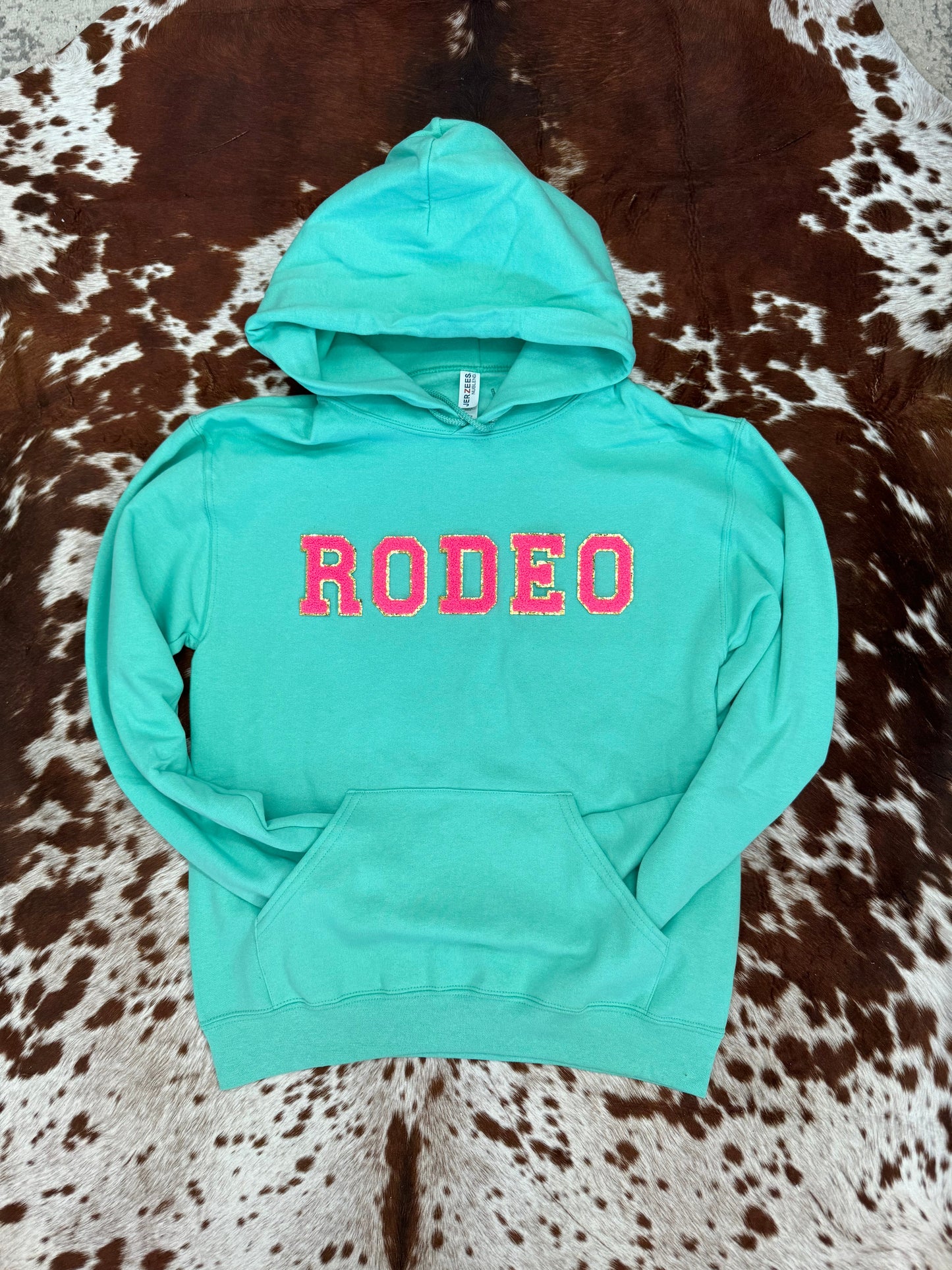 Hot Pink RODEO Chenille Letter Hoodie - Cool Mint *LIMITED AVAILABILITY*