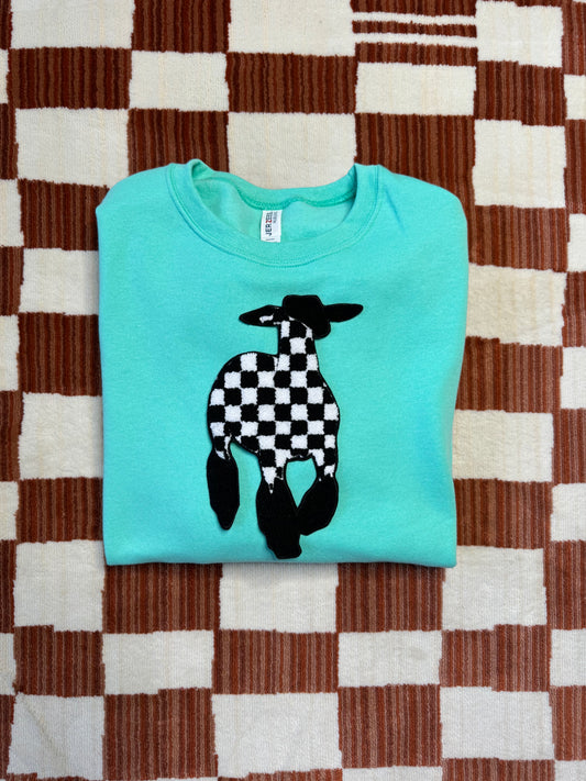 Chenille Checker Show Lamb Crewneck - Cool Mint