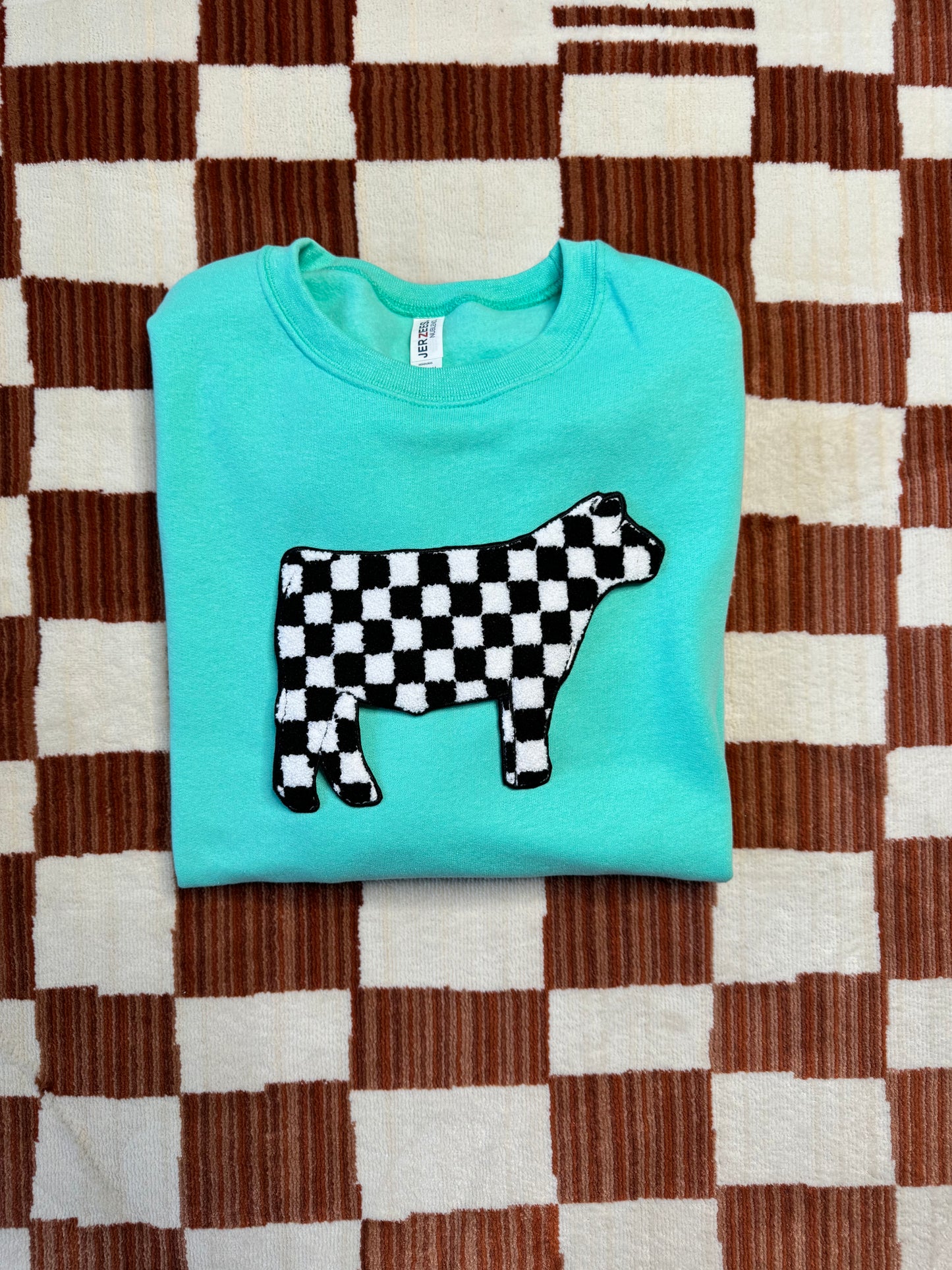 Chenille Checker Show Steer Crewneck - Cool Mint