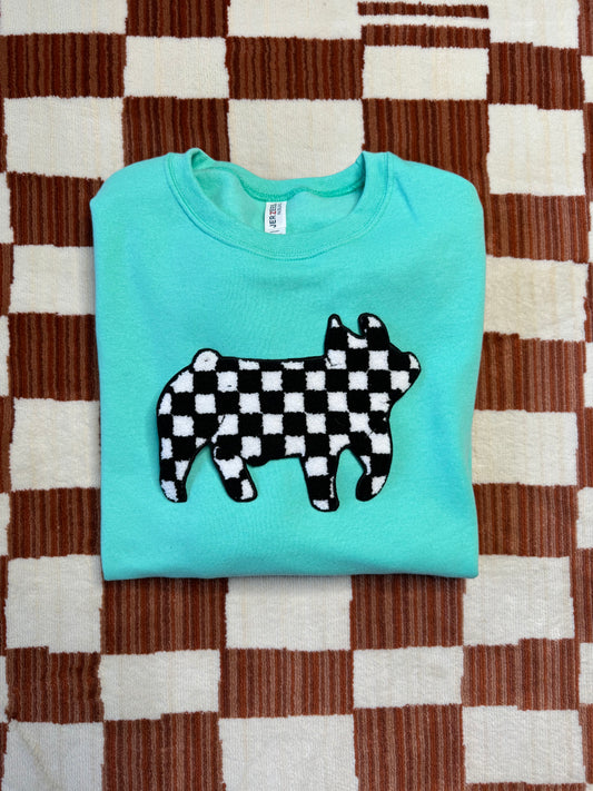 Chenille Checker Show Pig Crewneck - Cool Mint