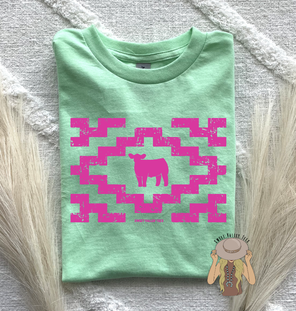 Pink Show Steer Aztec Tee - Mint Green