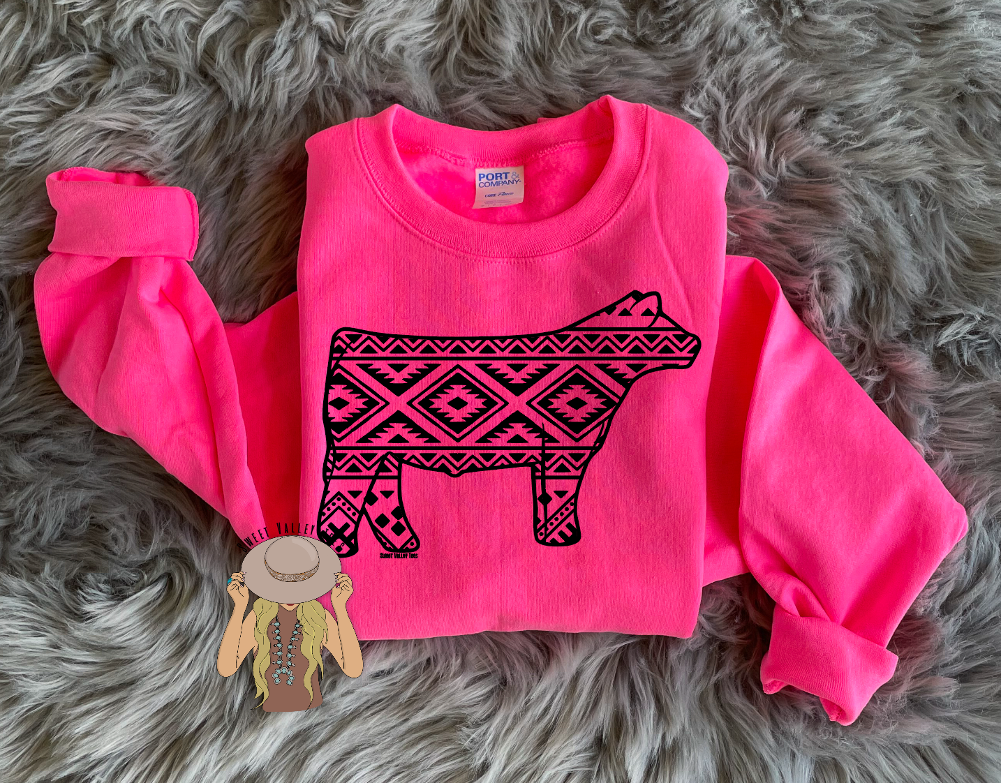 Aztec Steer Crewneck  - Neon Pink - YOUTH Sizes Available