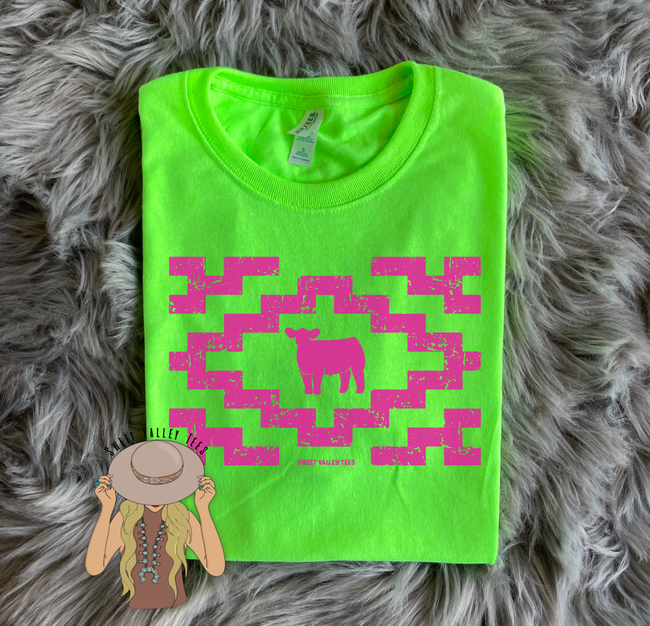 Pink Show Steer Aztec Tee - Neon Green - YOUTH Sizes Available
